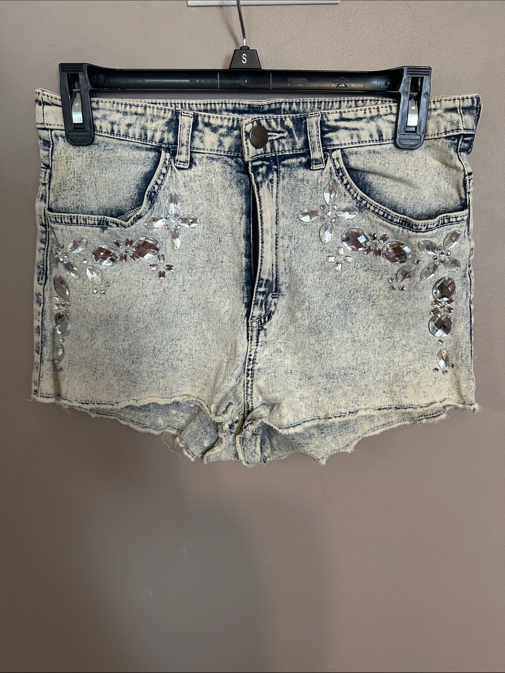 H&M Light Gray Acid-Wash Jean Shorts with Crystal Embellishments